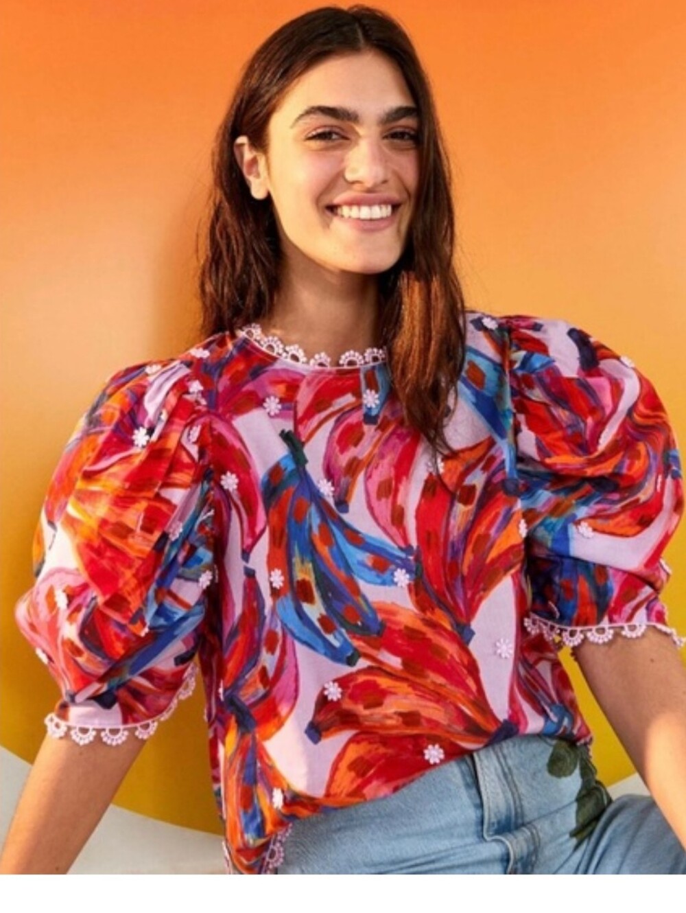 Farm Rio Colorful Bananas Puff Sleeve Blouse